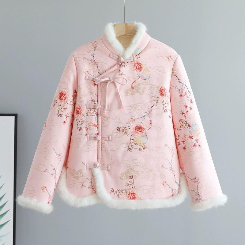 Retro Floral Large Padded Jacket for Women's Winter New Buckle Piled Thickened Padded Jacket