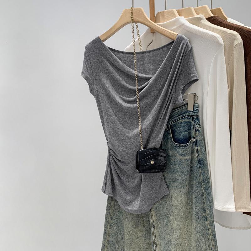 Exquisite Off-Shoulder French Drape Tee: 2025 Summer White Cinched Waist, Short-Sleeve Crop Top.