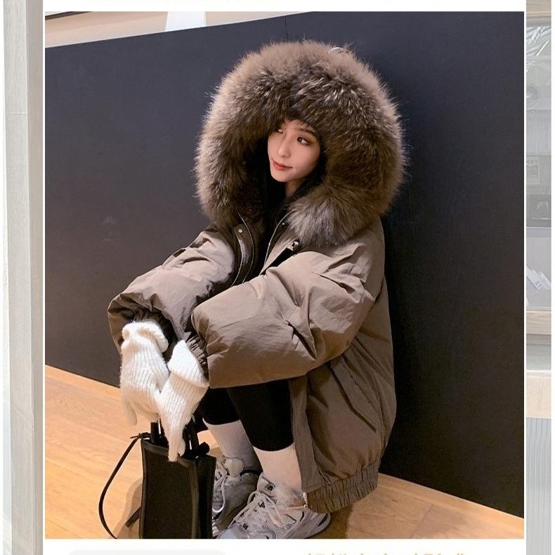 Korean Style Women Hooded Short Coat Horn Buttons Big Fur Collar Winter Warm Thickened Workwear Jacket
