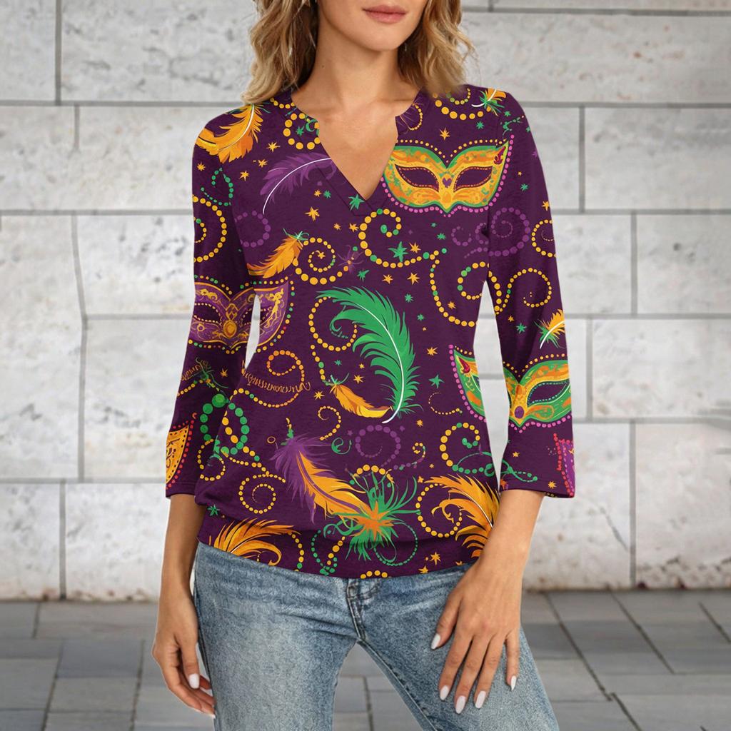 Women's 3/4 Sleeve Top With Cuffed Hem, V-Neck, Summer Casual -Shirt, Carnival Printed Top