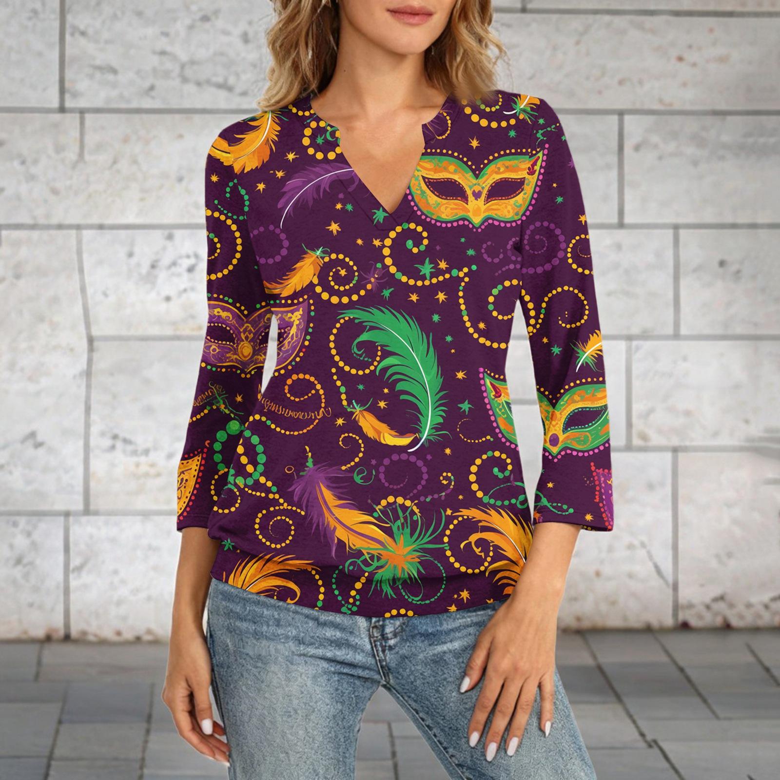 

Women s 3/4 Sleeve Top With Cuffed Hem, V-Neck, Summer Casual -Shirt, Carnival Printed Top XXL