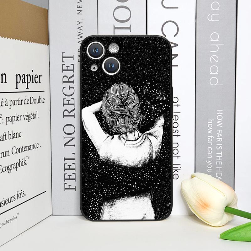 Creative Black Stardust Girl Pattern Phone Case for IPhone 17 16 12 11 14 Plus 13 14 15 Pro Max 12 13 Mini X XSMAX XR Soft Cover