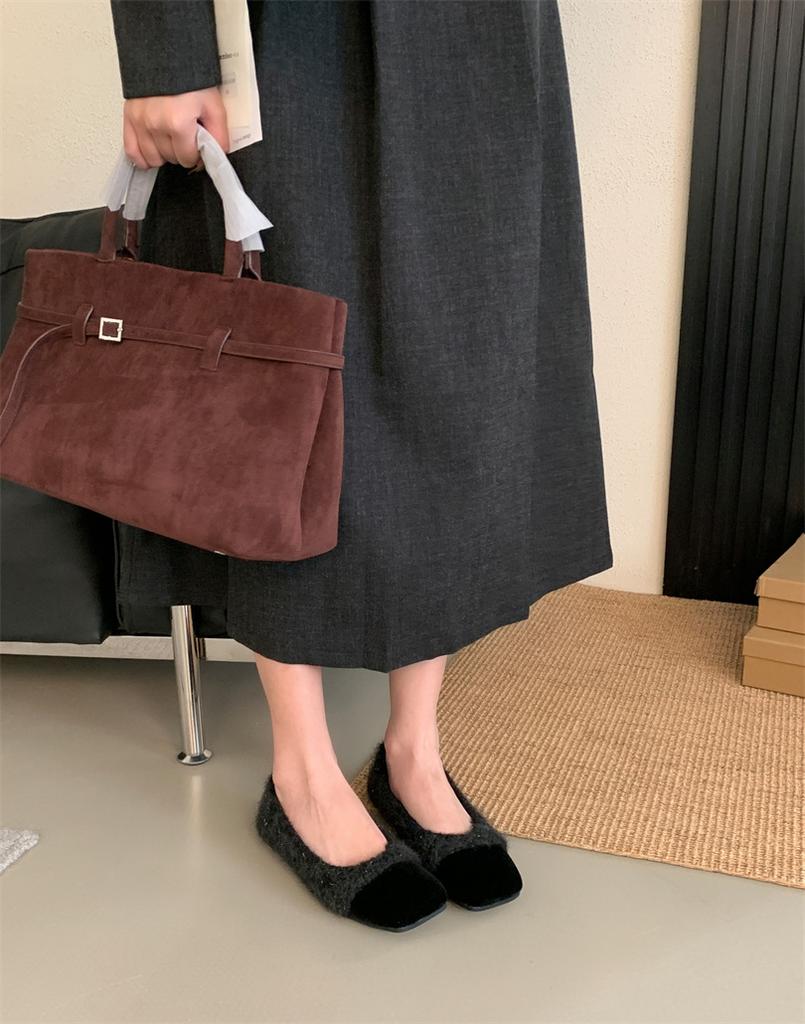 French Flat Bottom Gentle Evening Milk Tea Apricot Fluff Single Shoes Women's Autumn and Winter Velvet Small Fragrant Style with Skirt Grandma 