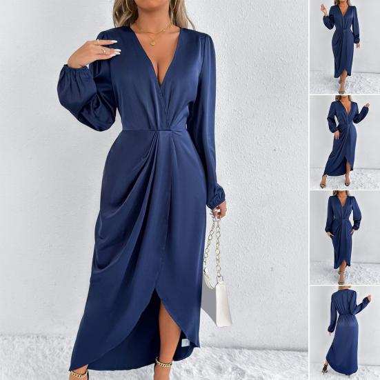 Women's Satin Wrap Long Dress V Neck Long Sleeve Maxi Dress High Slit Party Dress Cocktail Evening Gown