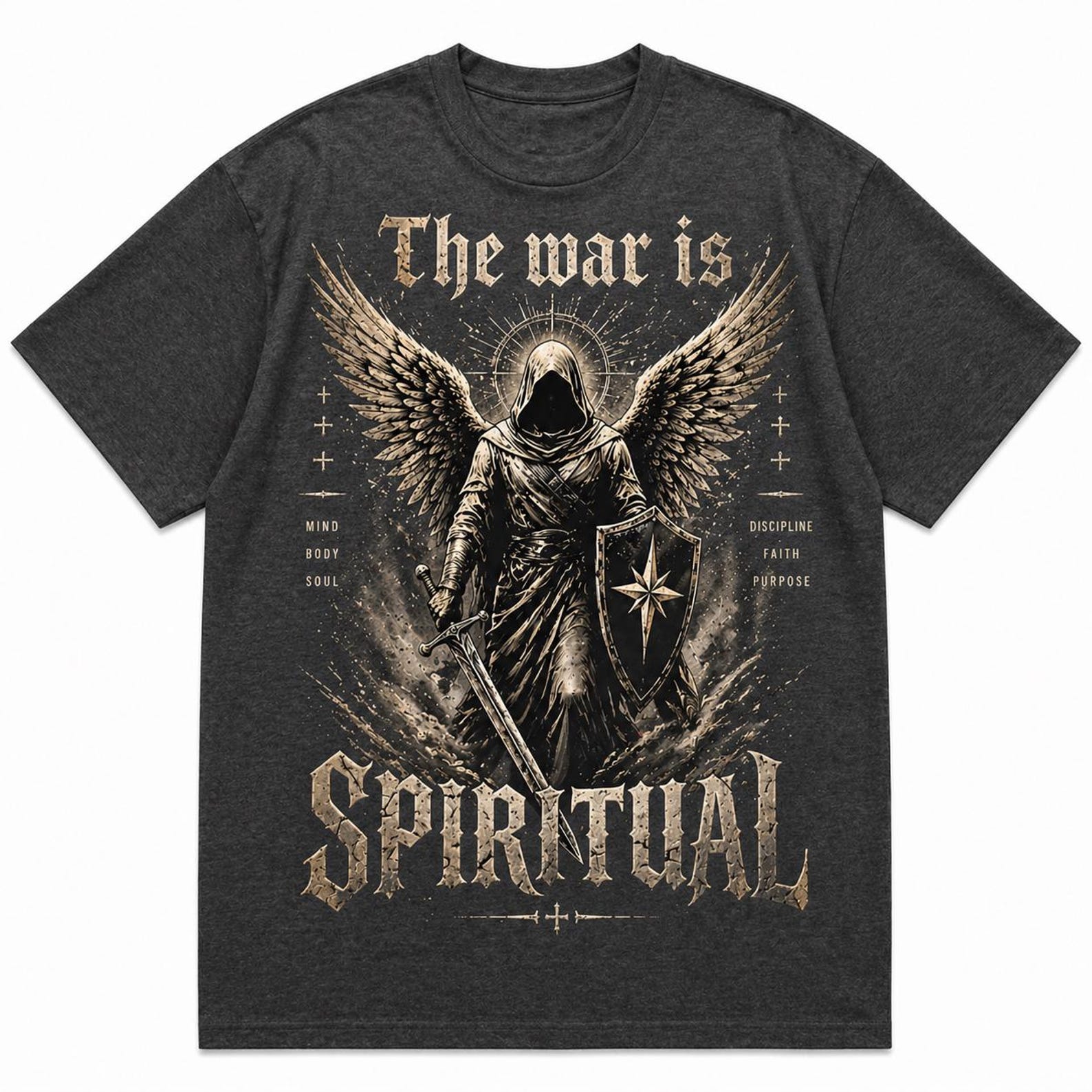Spiritual Warfare Angel T-Shirt – Gothic Faith Warrior Graphic Tee L