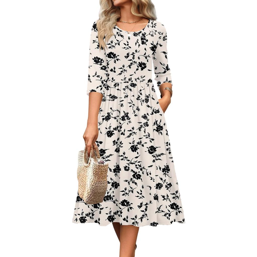 3/4 Sleeve Women's Dress Casual Flowy A-Line Midi Tshirt Dresses With Pockets Crewneck Vocation Boho Beach Sundress