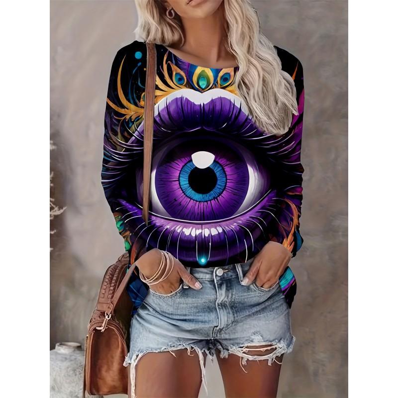 Womens Casual Abstract Print Long Sleeve Crew Neck T-Shirt 3D Effect 2025 Comfort Fit