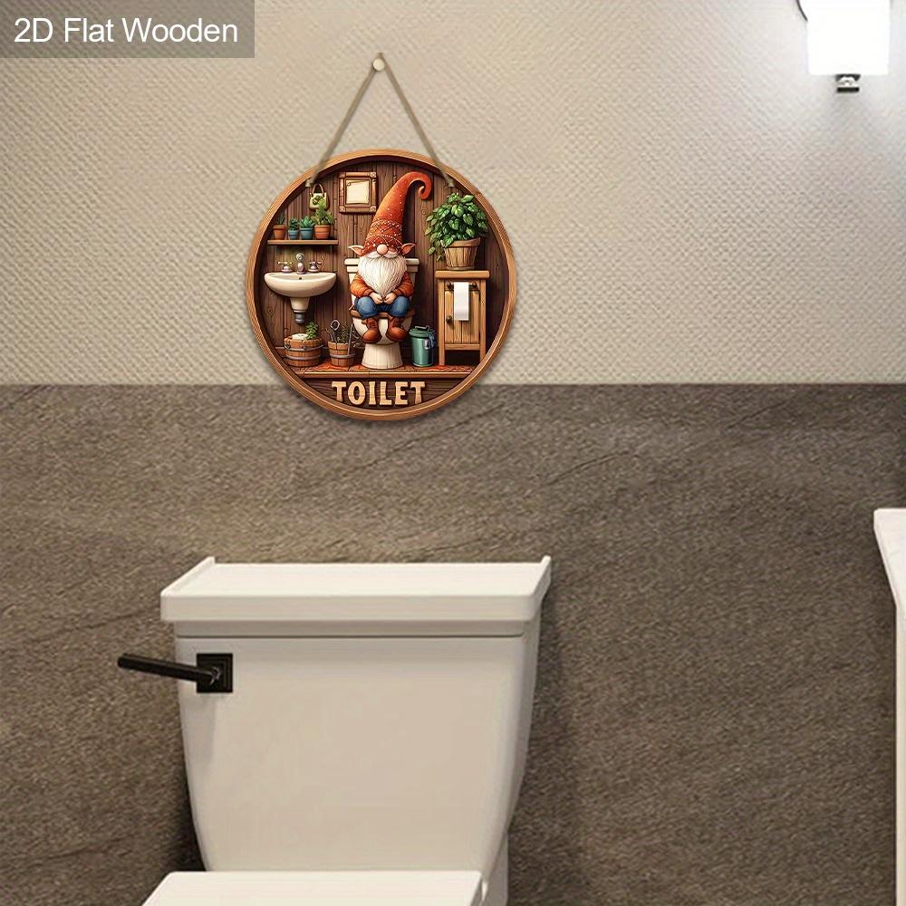 2D Vintage Gnome Toilet Wood Round Sign,Bathroom Wall Shelf Hanging Charming Home Decor,Window Fence Hanging Cute Wooden Board Painting,New Home Decor