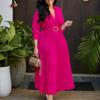 Office Ladys Dresses Elegant Pleated Dress Deep V Neck Full Sleeve Belt Waisted Ankle Length African Business Work Wear Dress