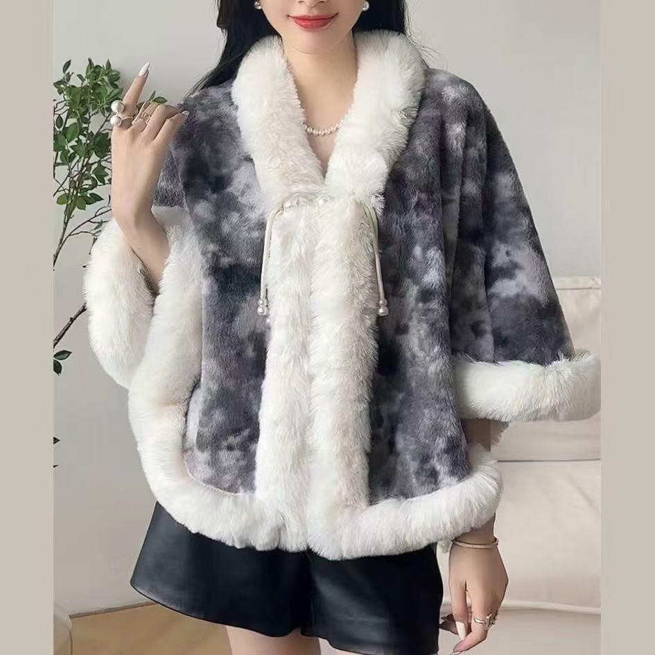 931# Women's Versatile Cheongsam Cloak: Fleece-Lined, Faux Otter Fur Collar Shawl, Thickened for Warmth