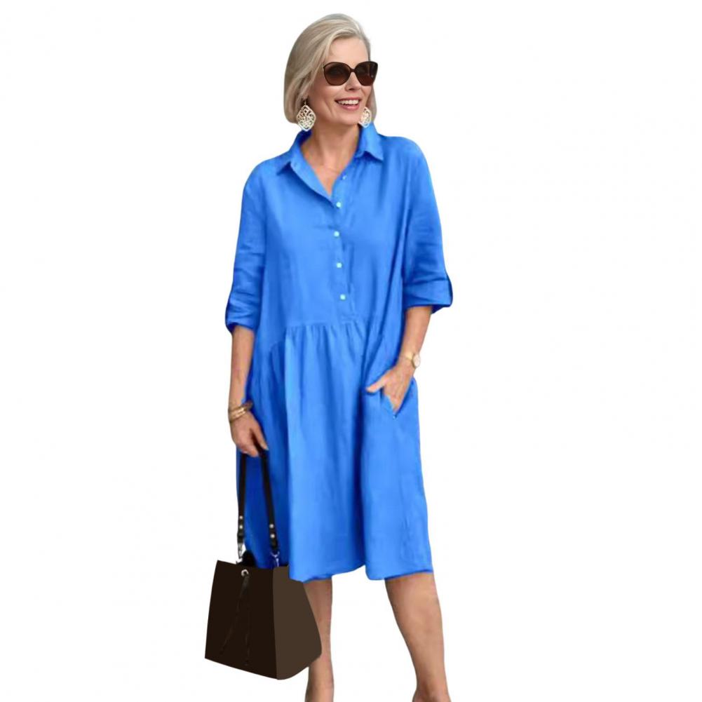 Dámské šaty A-line s límečkem Vintage Jednobarevné Kapsa Midi Šaty Volné Ležérní Letní Krátký Rukáv Šaty na Párty Cestování Buďte