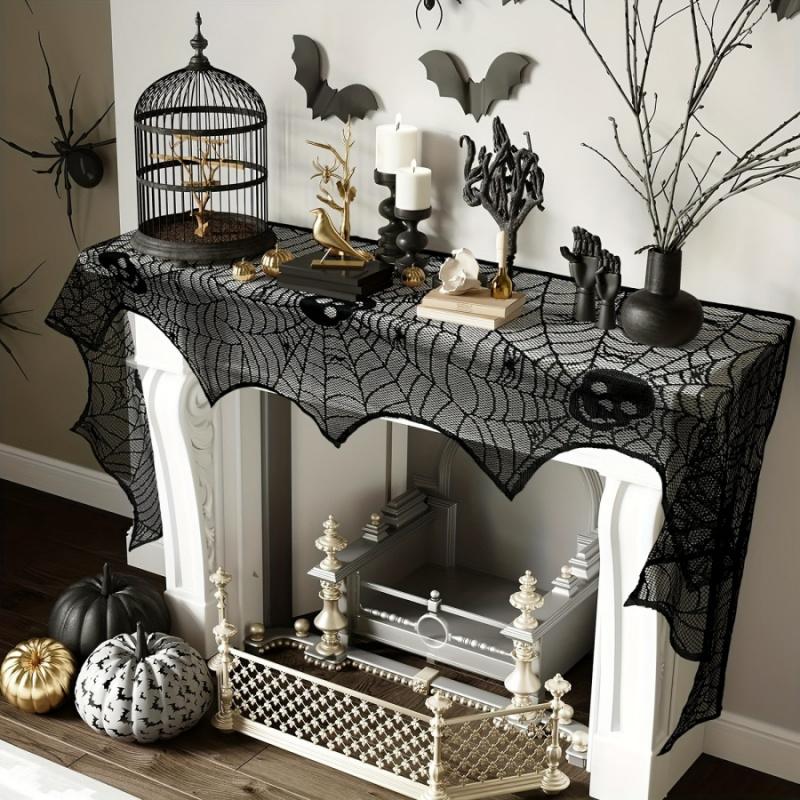1pcHalloween Spider Web Fireplace Cloth Black Skull Head Stove Towel Party Dining Tablecloth Outdoor Courtyard Curtain Decoratio