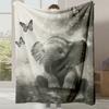 1pc Cute Elephant & Butterfly Black White Grey Plush Fleece Blanket - Soft Thick Warm All-Season Bedspread, Room Decor, Couch