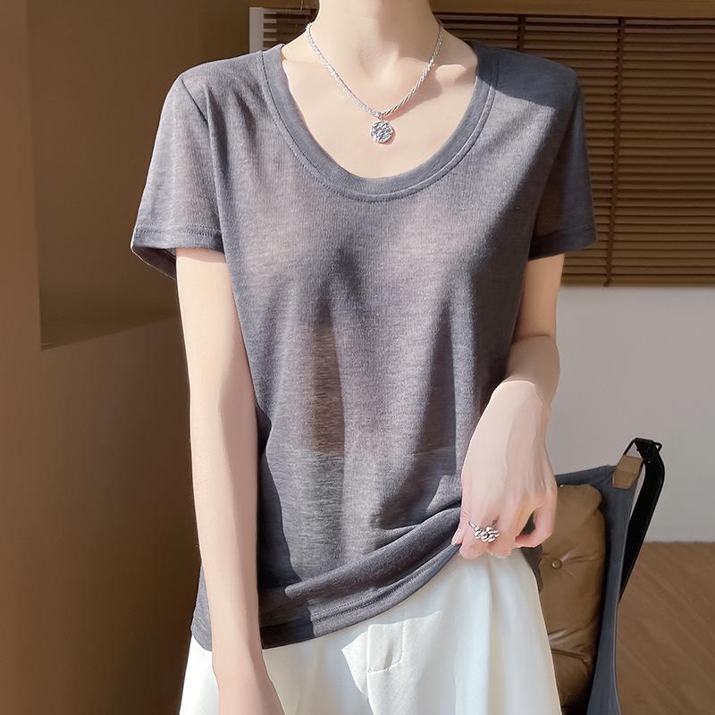 Camiseta Regata Feminina Slim de Manga Curta com Decote U Verão 2025