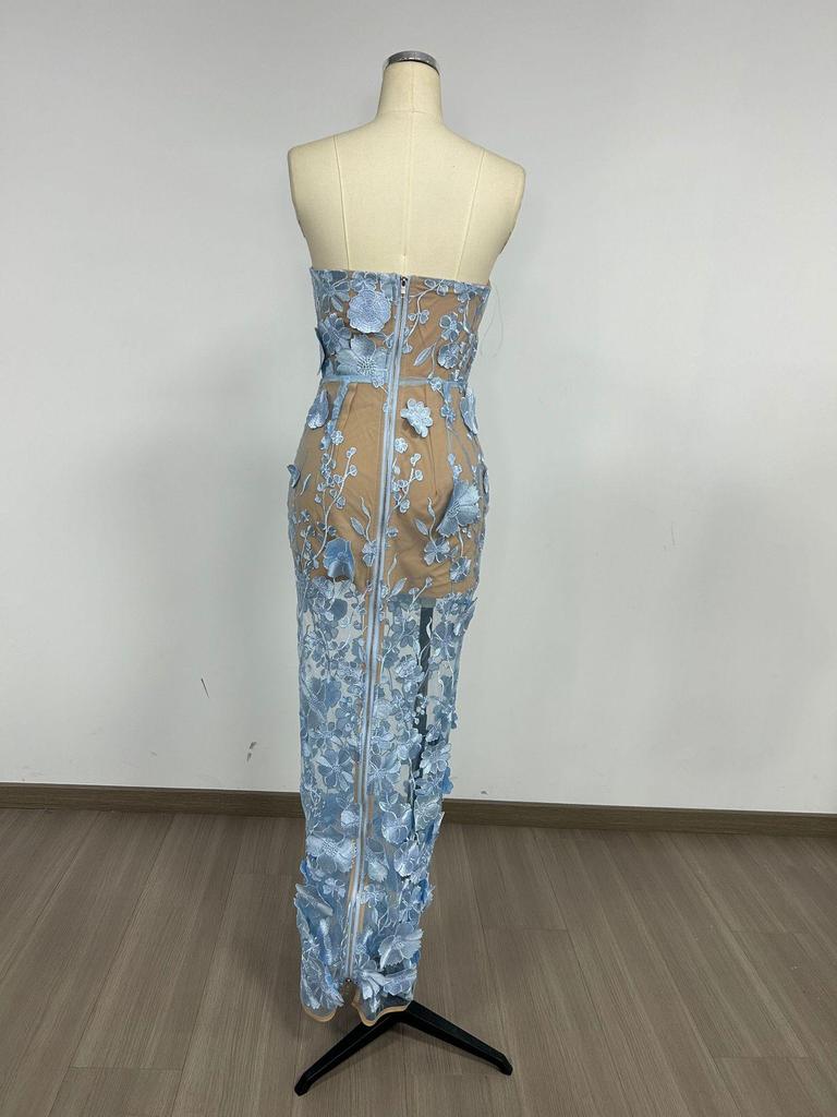 Europäisches & Amerikanisches Design Trägerloses Blaues Abendkleid mit 3D-Blumen-Details