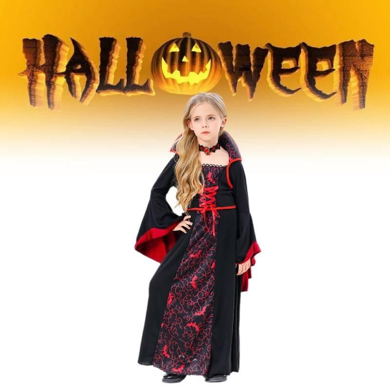 Girl Vampires Halloween Costume Set Party Show Clothes Cosplay Black Red Dress