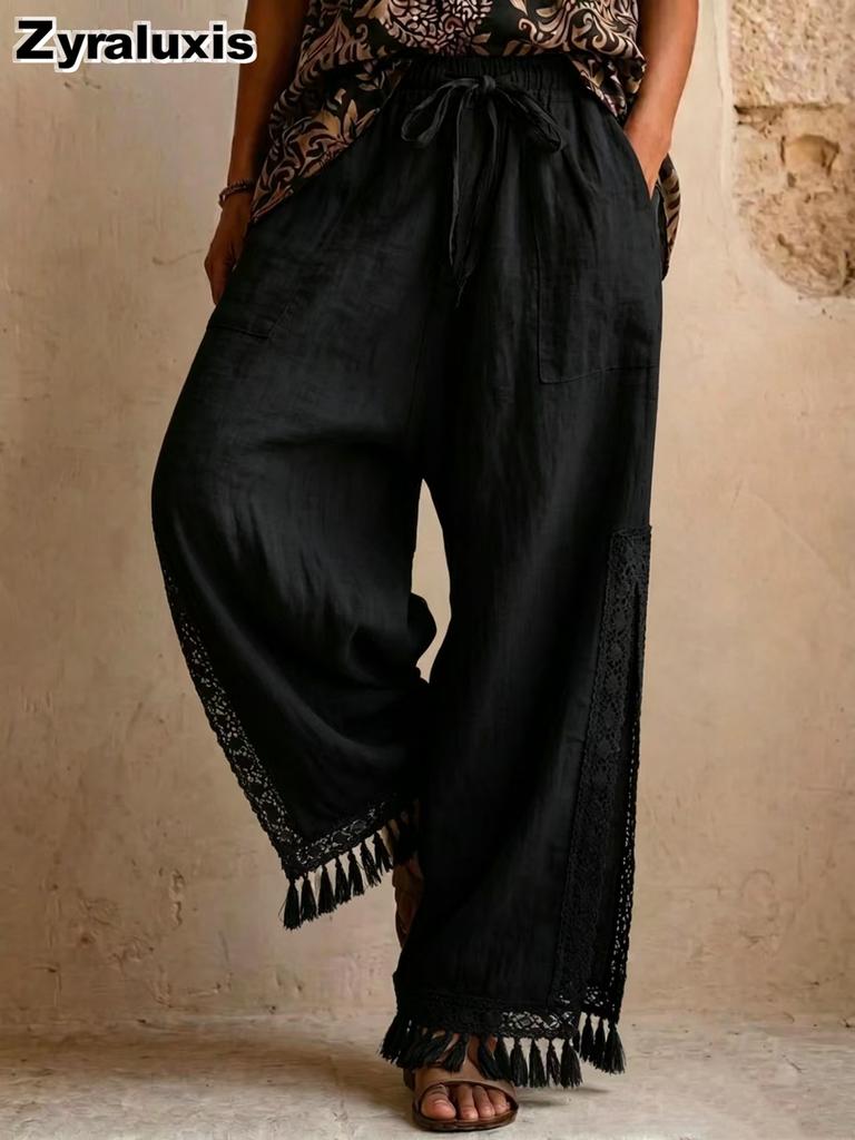 Summer Linen Cotton Side Slit Ruffles Bohemian Wide Leg Pants