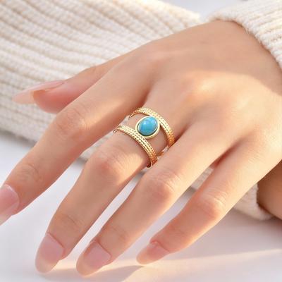 Waterproof Stainless Steel Rings for Women, Double Layered Open Adjustable Oval Nature Stone Bohemian Stylish Fashion Jewelry
