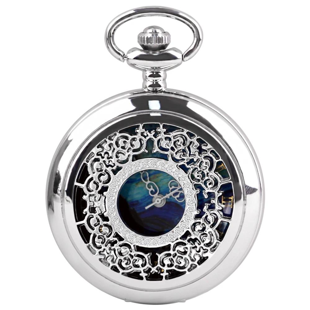 Quartz Pocket Watch Blue Starry Hollow Design Roman Numerals Vintage Quartz Pocket Watch with Chain Men s Pocket Watch