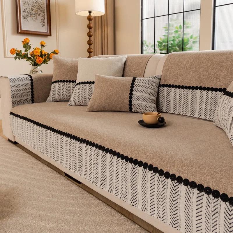 French Retro Chenille Sofa Cushion All Season Universal Anti Slip Premium Sofa Cover Dust-proof Cloth Cushion for Living Room A 70x70cm 1pc