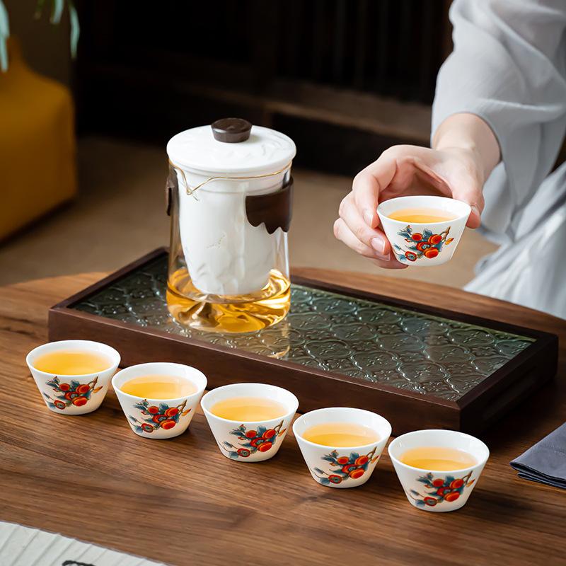Travel tea set suet jade white porcelain kung fu tea set leather bag portable glass teacup gift