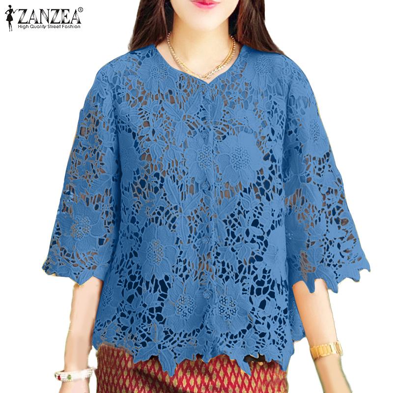 ZANZEA Womens Casual 3/4 Sleeve Lace Crochet Patchwork Loose Blouse