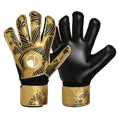 Elivo goalkeeper gloves with finger guards feature protective padding on the backs of the fingers, a latex palm, fabric on the sides of the fingers, a
