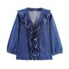 Women's Casual Fashion Lace Trim Denim Shirt - Elegant and Versatile