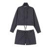 Women's High Neck Long Sleeve Polka Dot Jacket Loose Fit Two Piece Matching Mini Shorts Set Streetwear Spring Outfit