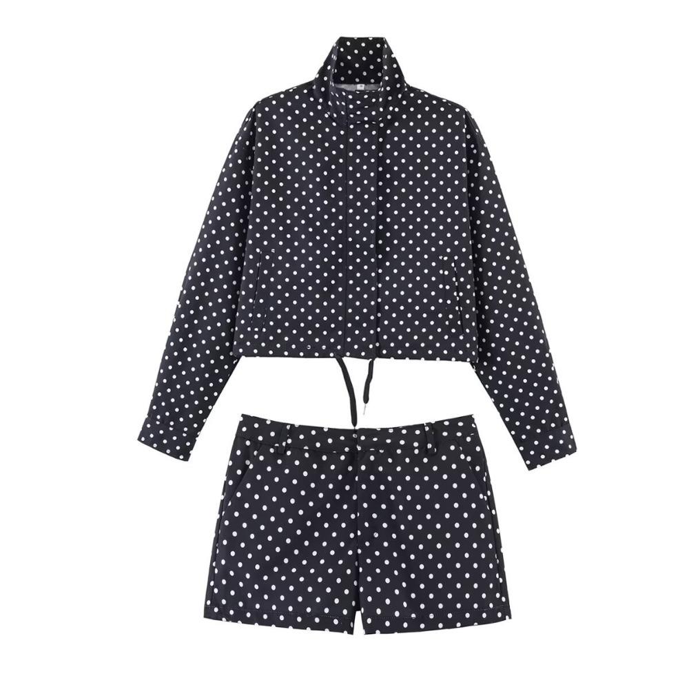 Women's High Neck Long Sleeve Polka Dot Jacket Loose Fit Two Piece Matching Mini Shorts Set Streetwear Spring Outfit