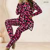 Women Plus Size Printed Two Piece Set Round Neck Long Sleeve Side Slit Long Top Fitted Pants