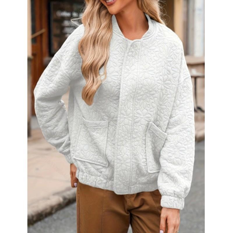 Women's Fall Plus Size Casual Jacquard Cardigan Jacket Lightweight Zipper Solid Color Long Sleeve Jackets