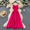 French Holiday Style Strap Hollow Suspender Dress Women's Rose Red Waist Thin Long Dress Sexy Beach Dress