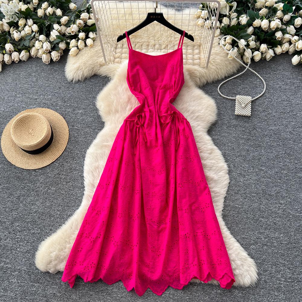 French Holiday Style Strap Hollow Suspender Dress Women's Rose Red Waist Thin Long Dress Sexy Beach Dress