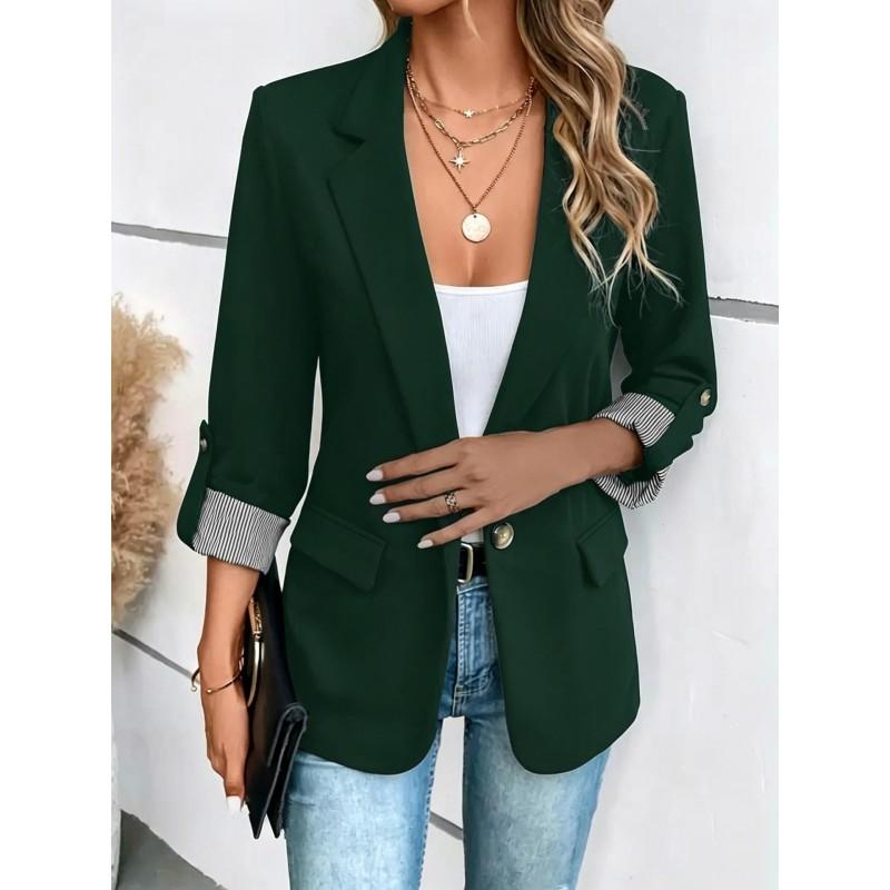 Womens Slim Fit Casual Blazer With Roll-Up 3/4 Sleeve Single Button Notched Lapel Solid Color Office Wear