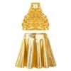 Kids Girls Stage Performance Set: Shiny Sequin Tiered Backless Crop Top & Metallic Ruffled Skirt for Dance Shows