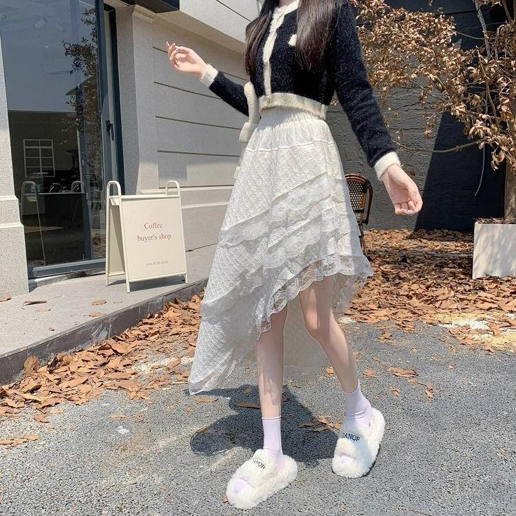 

Белая кружевная миди-юбка с высокой талией для женщин - Асимметричная многоярусная юбка-торт для ранней осени с оборками и дизайнерским чутьем M белый
