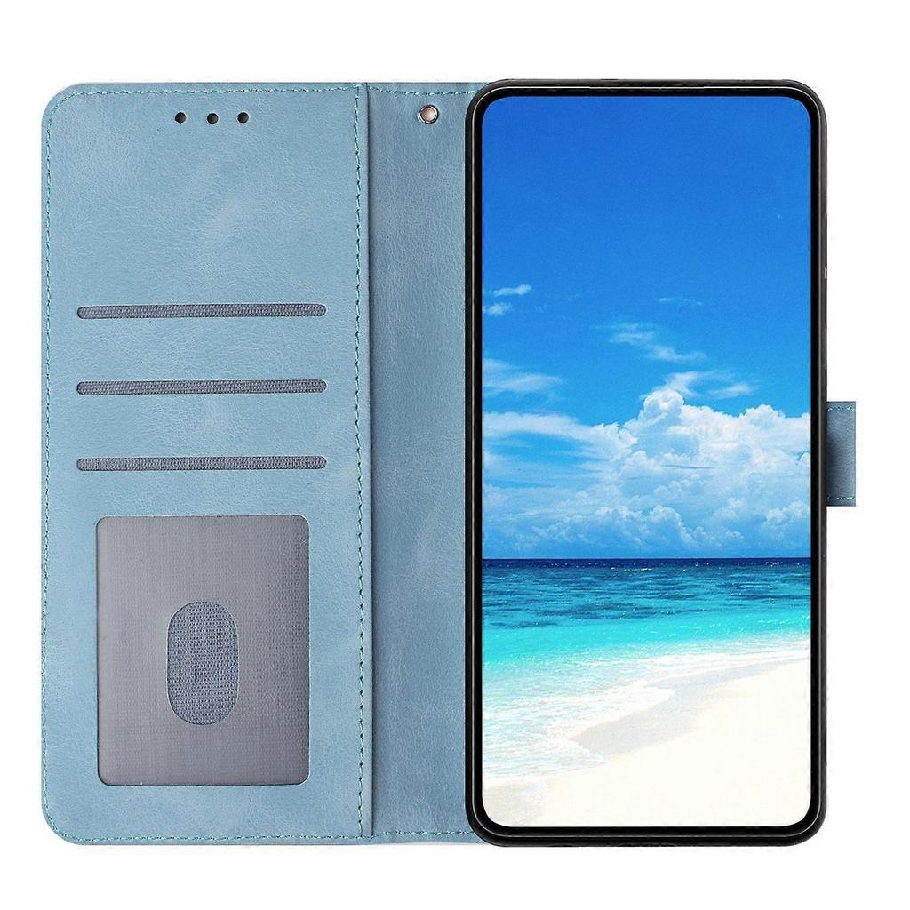 For iPhone 16e Wallet Case Rose Pattern Imprinted Leather Flip Stand Phone Cover - Sky Blue