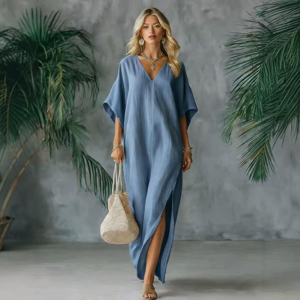 European and American New V-neck Bat Sleeve Split Ends Loose Temperament Dress Long Dress Women's Clothing
