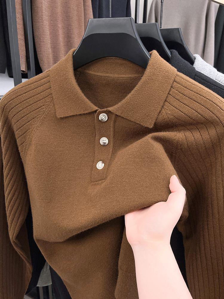 Solid Color Long Sleeve Polo Collar Wool Sweater