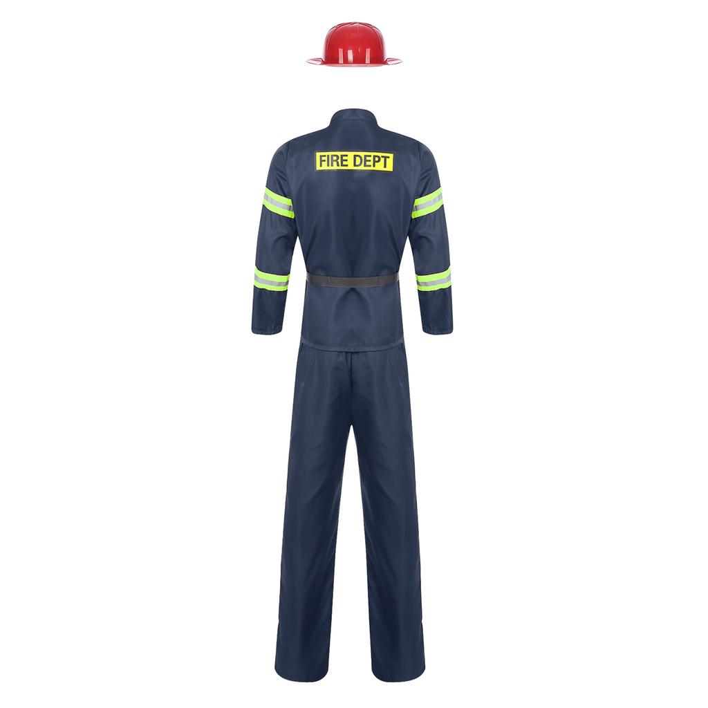 Men Firefighter Costume Set Plastic Helmet Jacket Pants Belt Reflective Stripe Dress Up Role Play Outfit