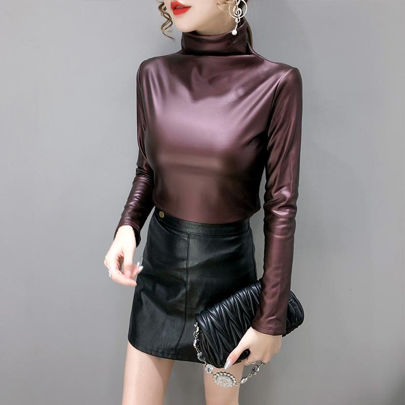 European Station Autumn and Winter Velvet Thickened Leather Jacket Turtleneck Bottoming Shirt Women's Versatile Long-sleeved Top Small Shirt Trendy