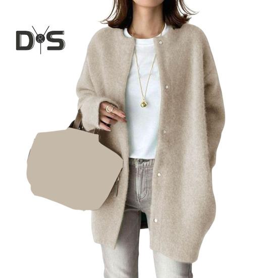 Women Coat Round Neck Long Sleeve Solid Color Knitting Outwear Solid Color Loose Fit Mid-length Coat