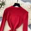 Autumn Winter Women Casual Turn-down Collar Knitted Sweater Long Midi Red Pullover Dresses
