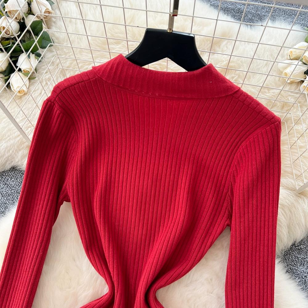 Autumn Winter Women Casual Turn-down Collar Knitted Sweater Long Midi Red Pullover Dresses