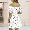 Women Plus Size White Off Shoulder Short Sleeve Tie Cuff Printed A Line Dress