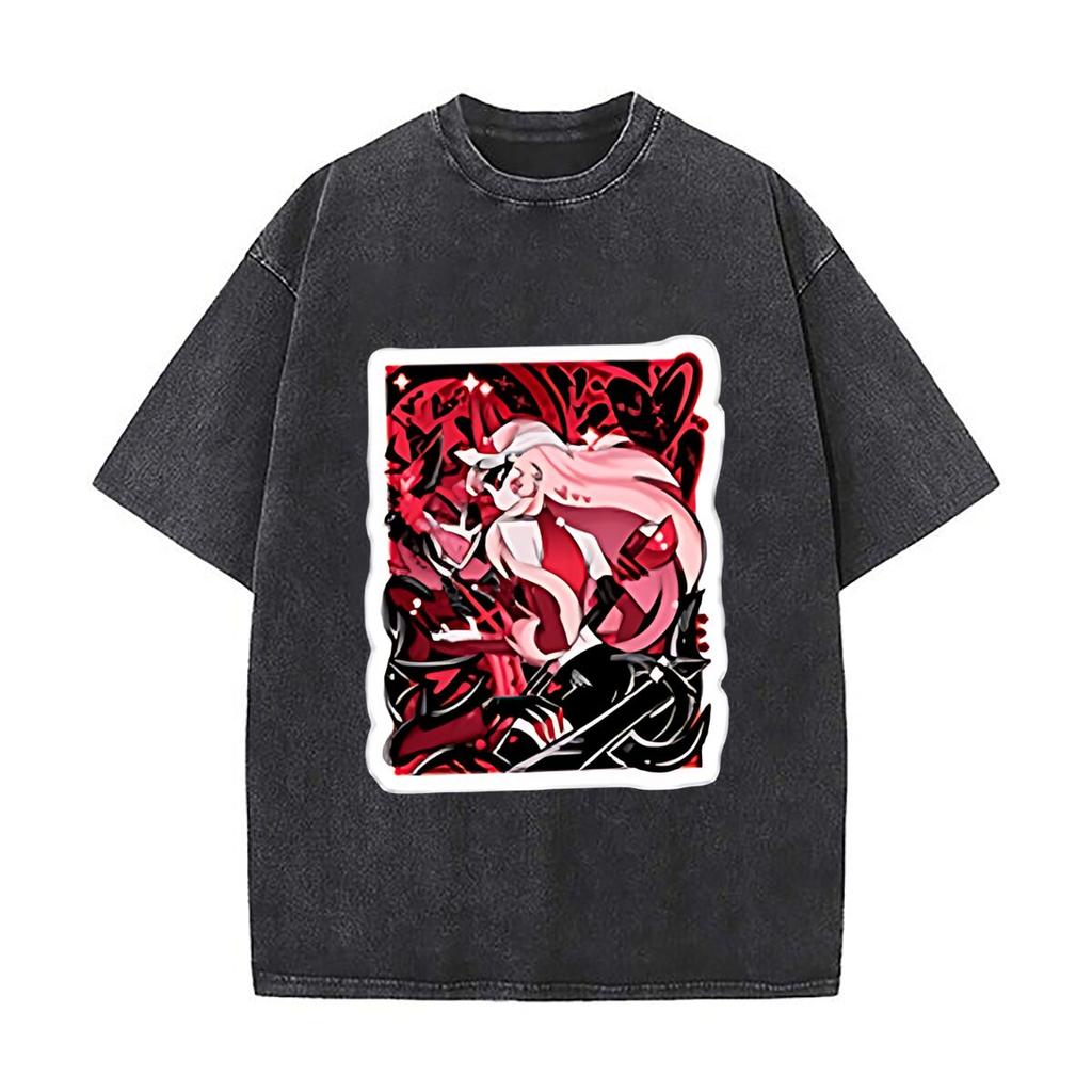 Charlie Alastor Valentines Day Inspired Heavy Men Washed Casual Cotton Short Sleeve Acid Wash Top