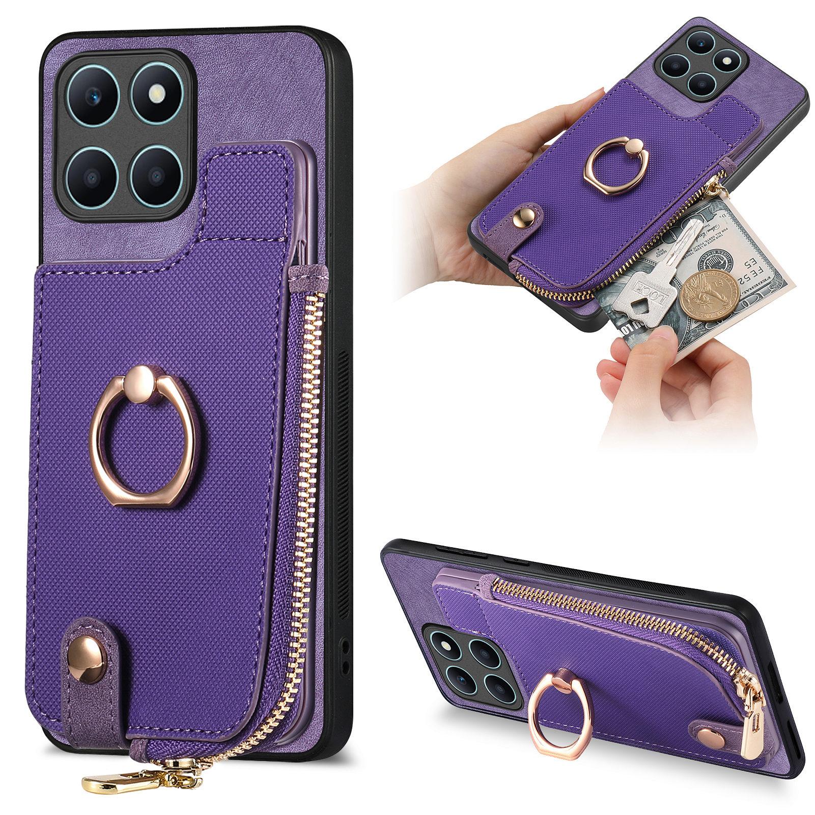 

For Honor X6a 4G Case Zipper Pocket Kickstand Leather Phone Back Cover Purple