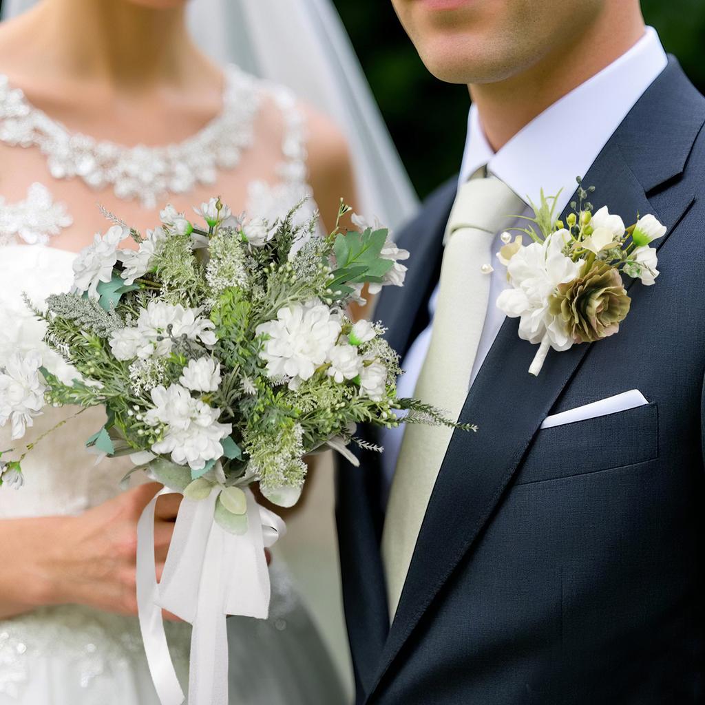8PCS Green White Artificial Wedding Flowers Set Bridal Bouquet Boutonnieres Corsage for Wedding Ceremony Anniversary Prom Decor