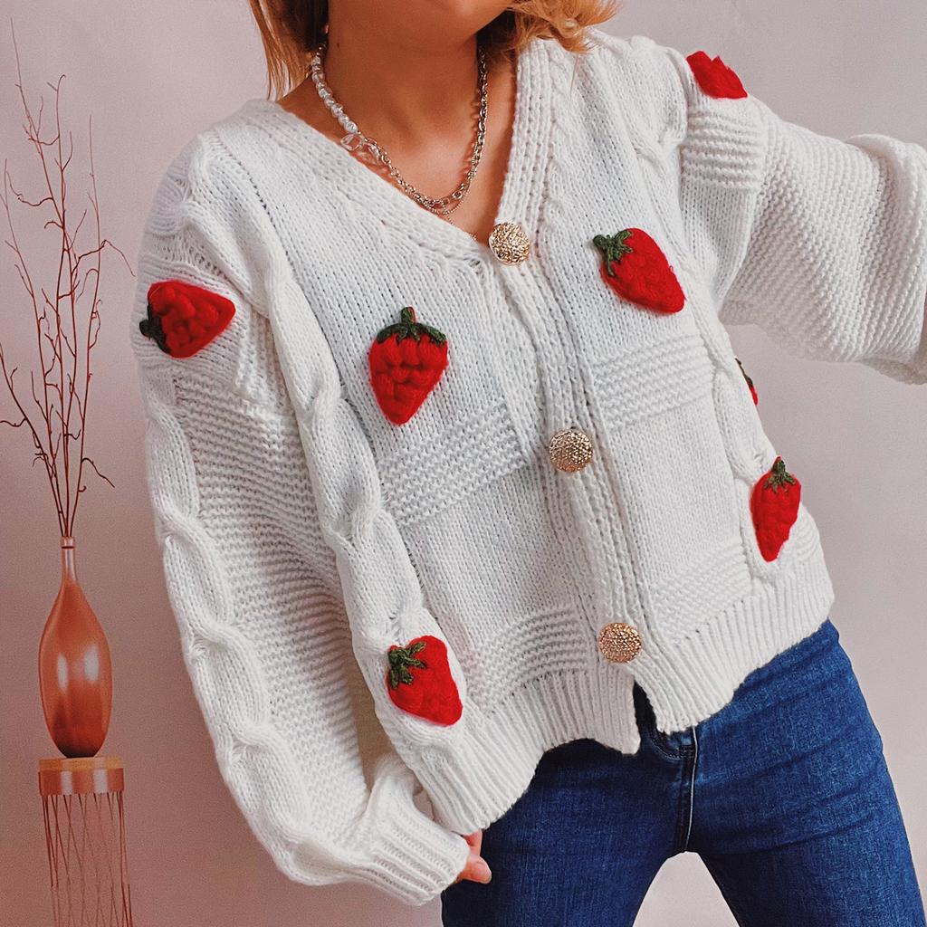 Casual Loose Strawberry Embroidery Thick Fried Dough Twists Single Breasted Knitting Sweater Coat Cardigan Women 3590 KTB